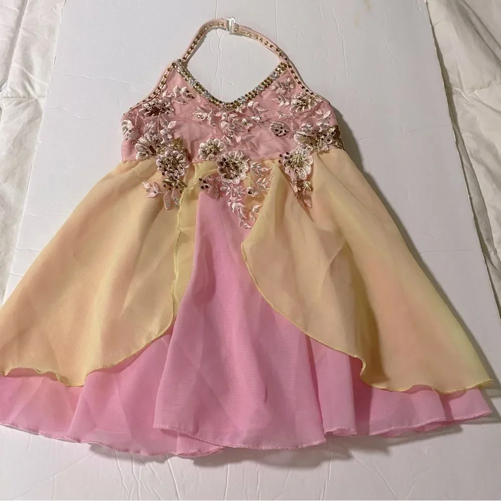 Glamour solo dance costume pink yellow lyrical rhinestone dress small child SC